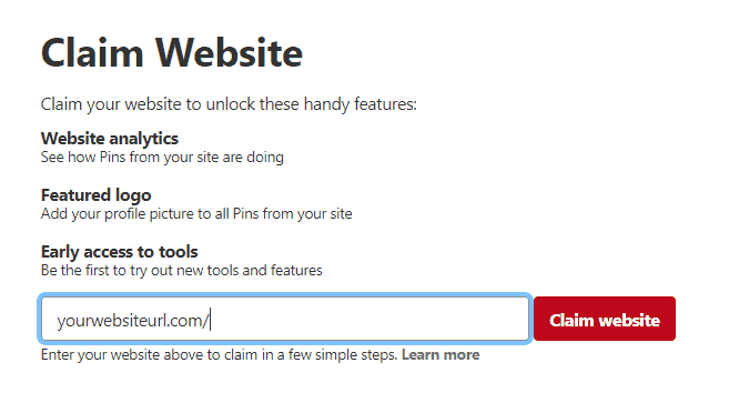 Pinterest Claim Website window