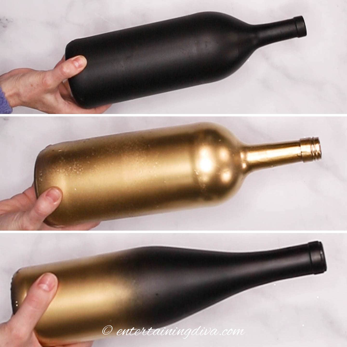 How To Spray Paint Glass Wine Bottles Black And Gold (For Centerpieces)
