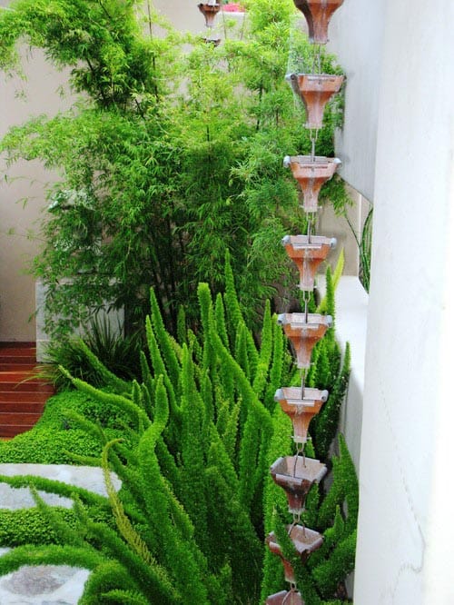 Contemporary landscape with a rain chain by debora carl landscape design