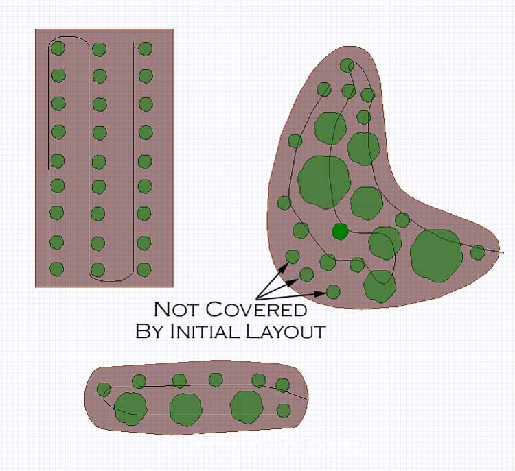 Soaker hose layout diagrams for a raised bed and flower gardens
