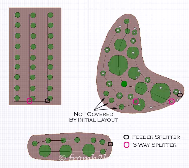 Diagrams of a soaker hose system layout with splitters for a raised bed and flower gardens