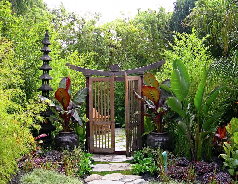 Japanese inspired garden entrance with a wood garden