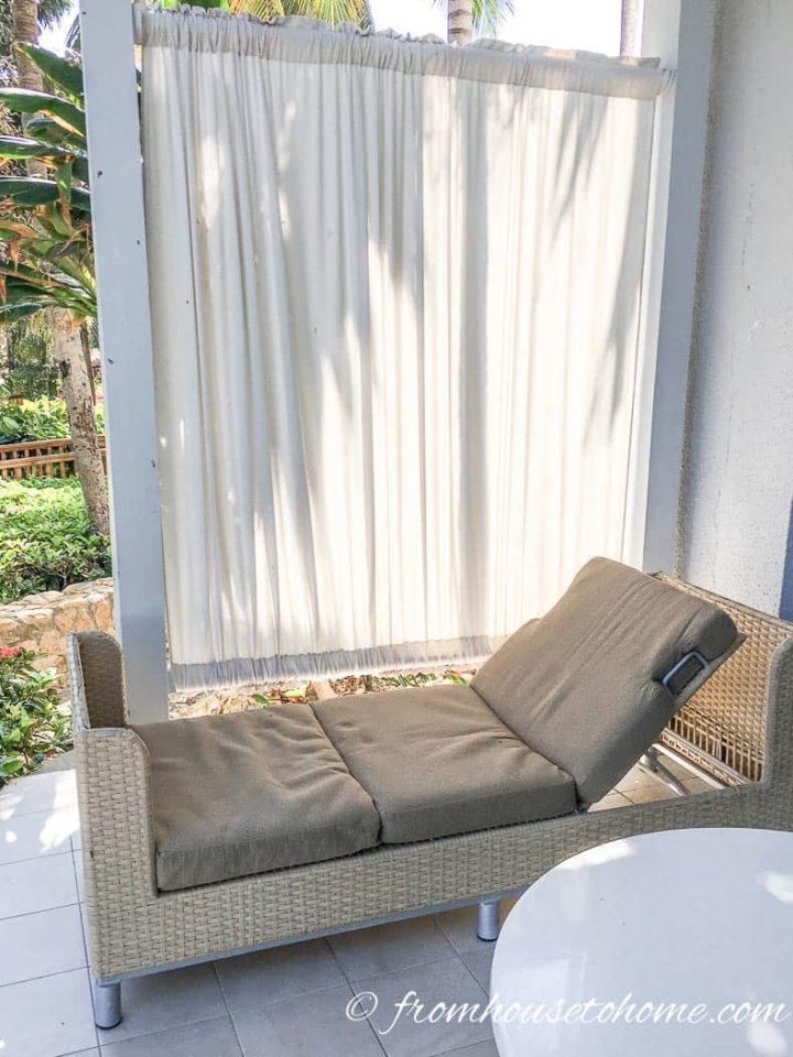 Ground floor patio at the Hilton Rose Hall in Jamaica with a fabric privacy wall