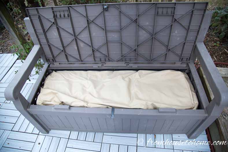Cushion storage bag inside storage bench