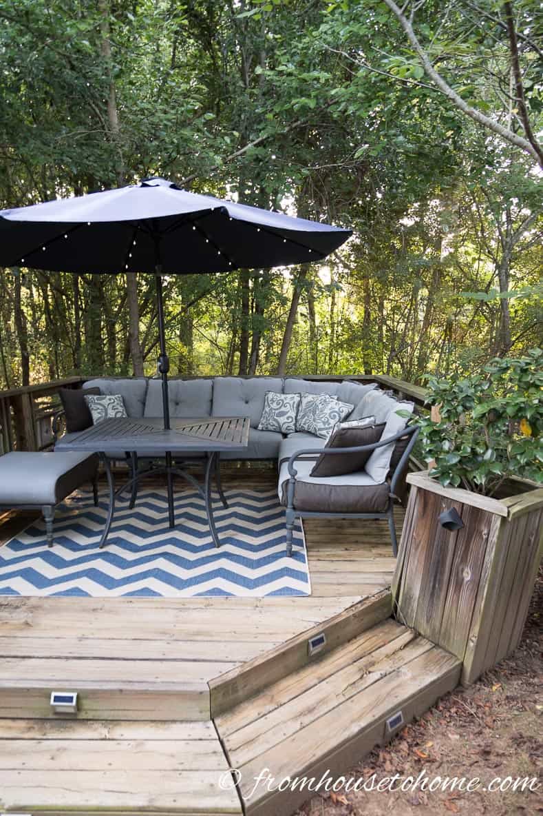Place seating along 2 sides of a small patio or deck