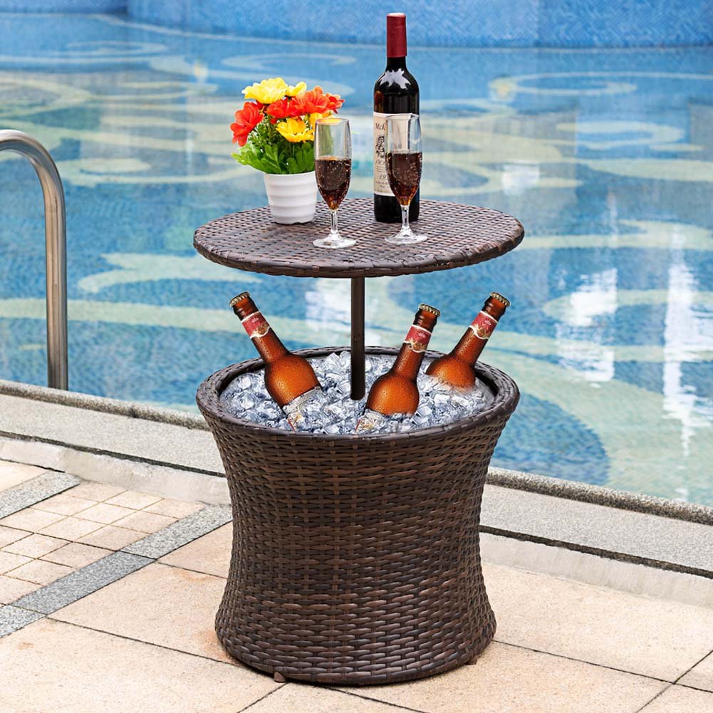 Wicker outdoor table with an ice bucket built into the base of it