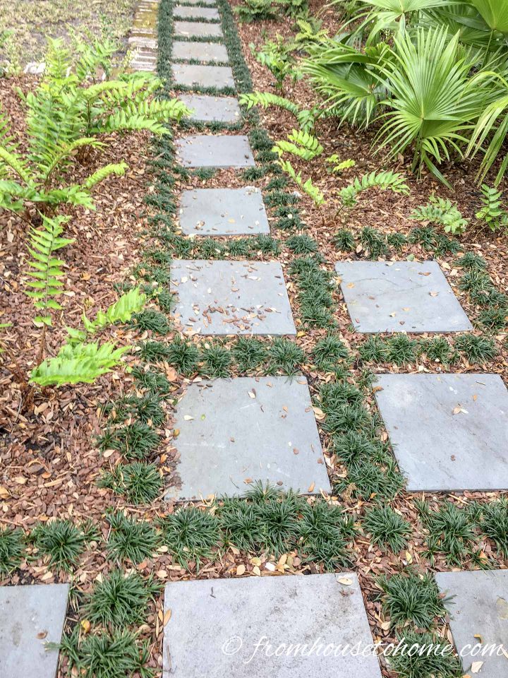 Concrete stepping stones with mulch and grass between them