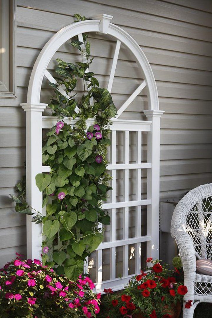White arched lattice privacy trellis