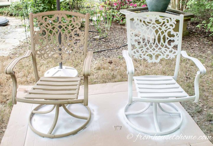 Outdoor patio chairs before and after being painted white