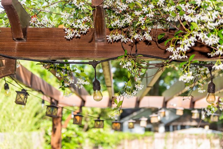 Pergola with string lights around the perimeter ©Kristina - stock.adobe.com
