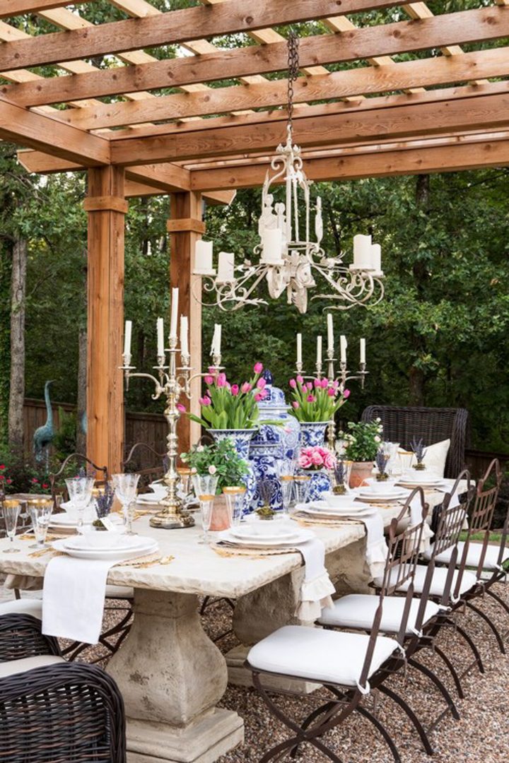 Pergola with outdoor chandelier