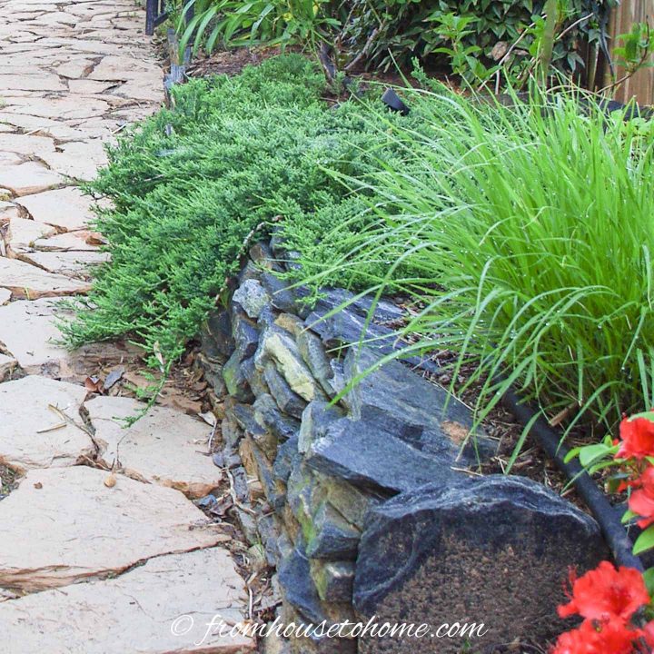 Stacked flag stone raised bed in a shade garden bed