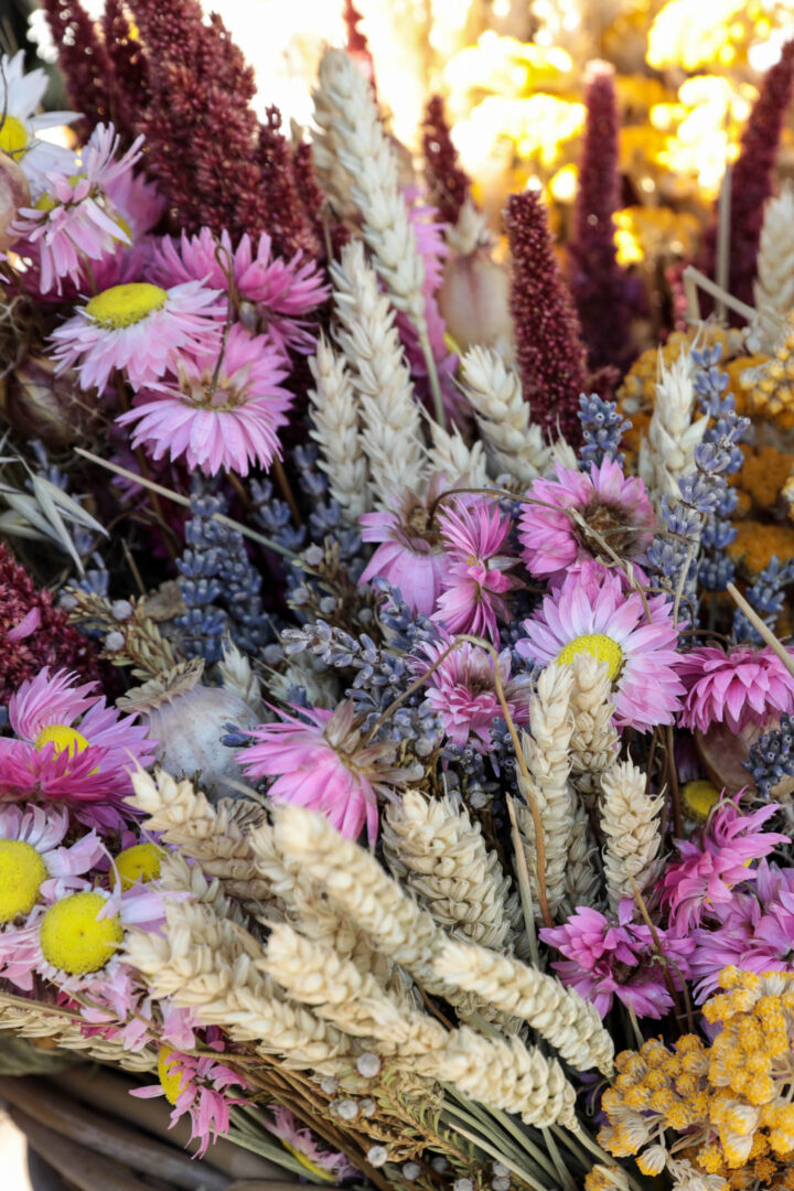 dried flowers including chrysanthemums in a basket