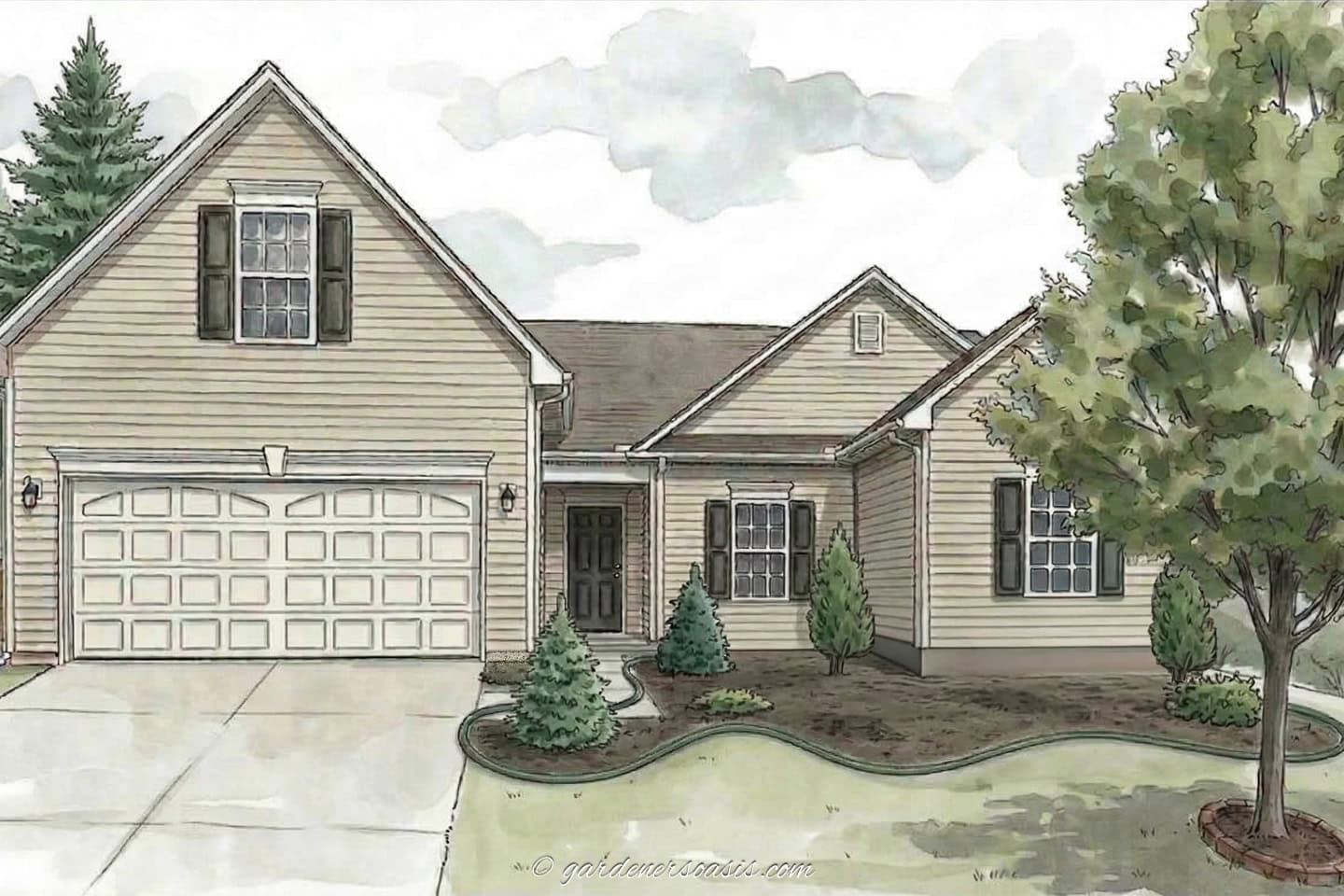A single-story beige house with an attached two-car garage, front door centered between windows, and a landscaped yard with shrubs and a tree.