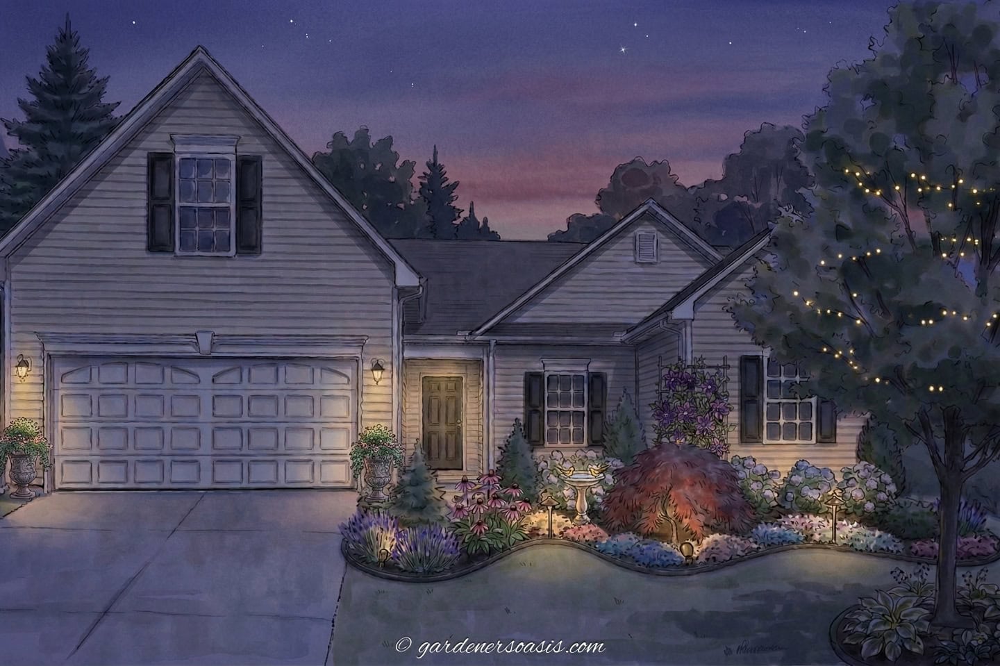 An illustration of a builder grade house with foundation planting and landscape lighting