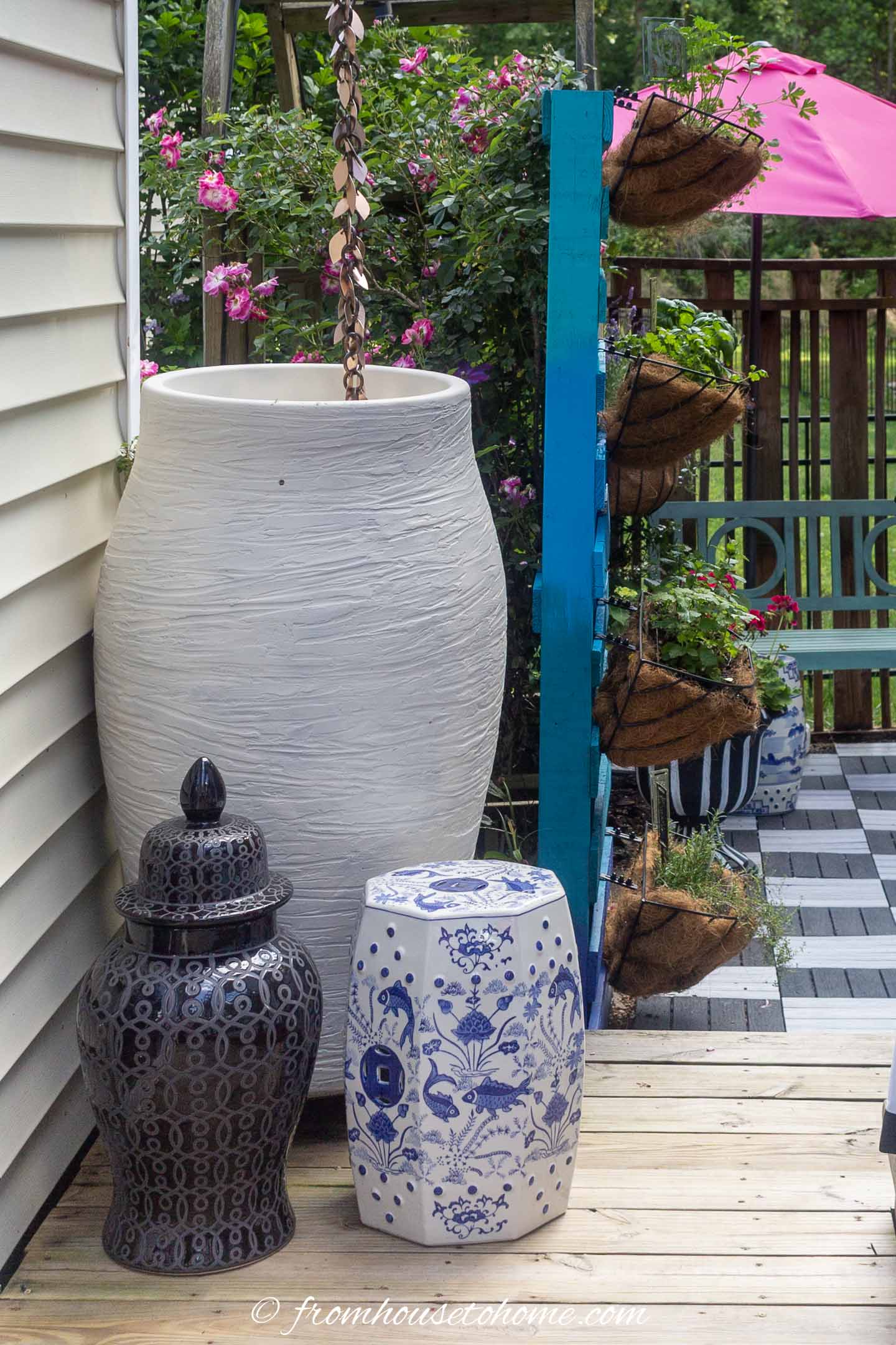 Rain barrel on a deck