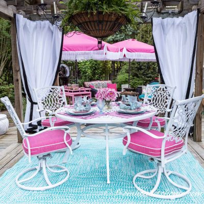 pink and turquoise deck decor