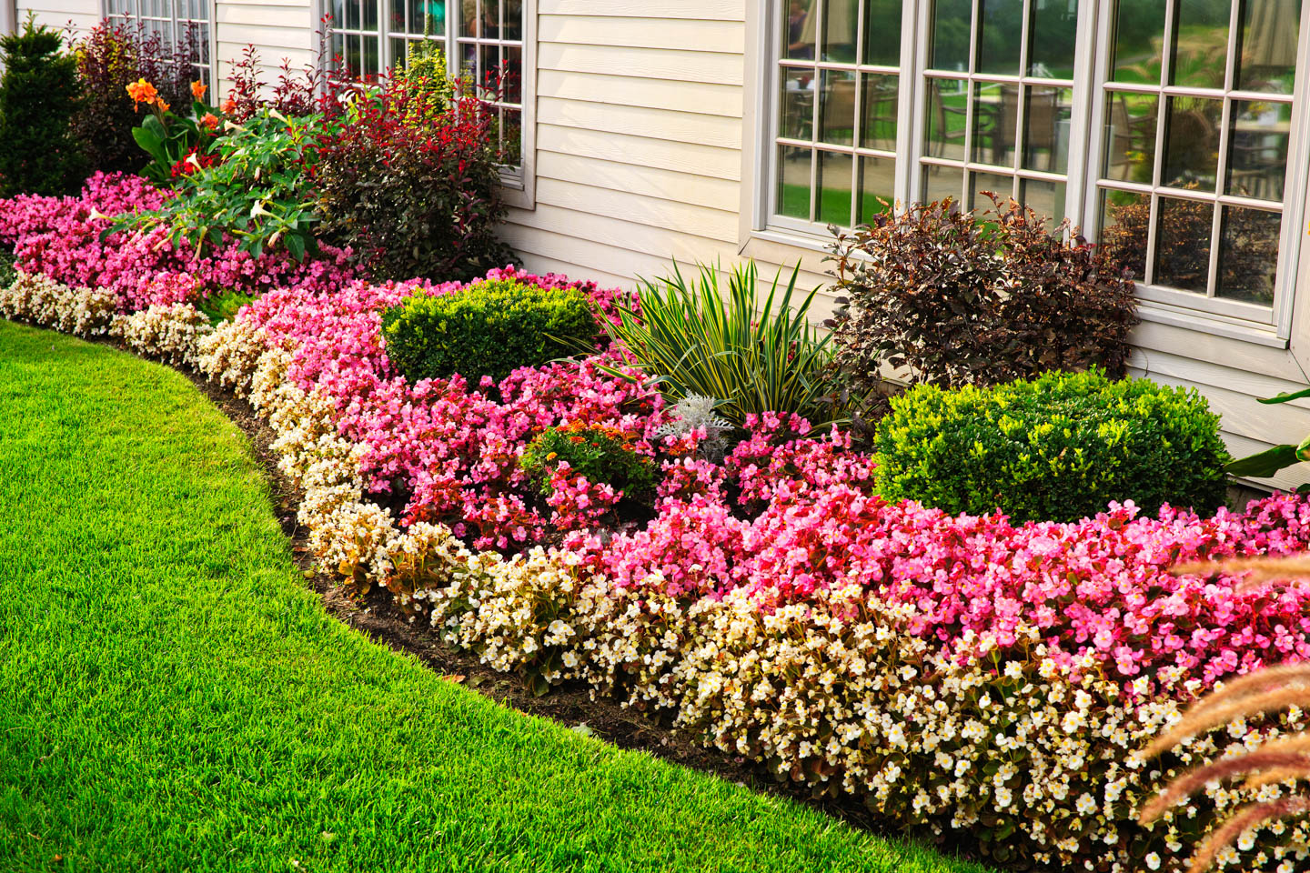 a flower garden along the side of a home