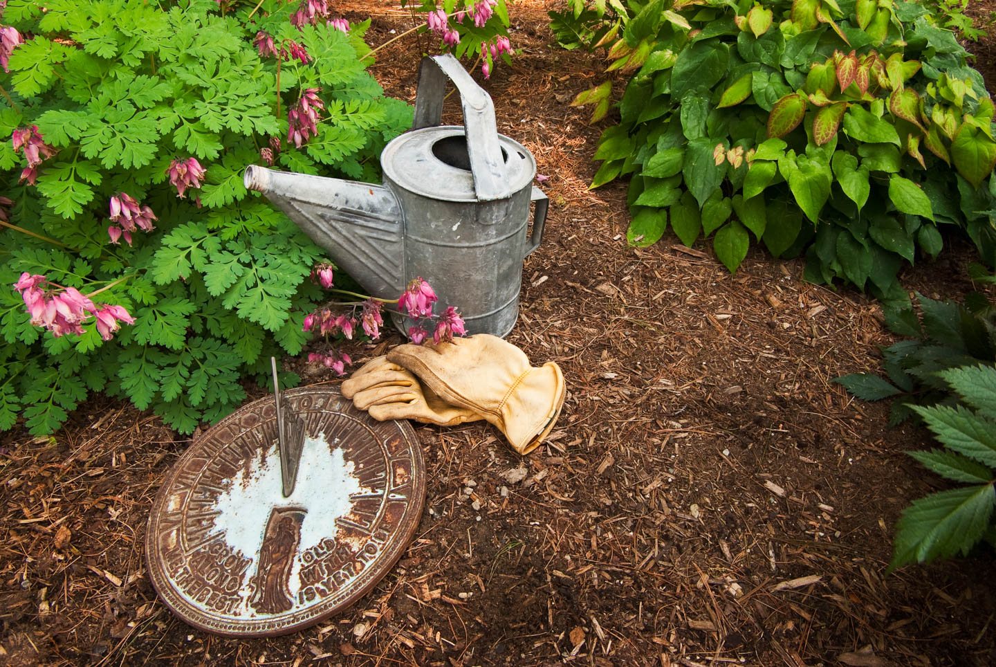 mulch in a flower garden with gloves, a sundial and a watering can