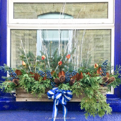 A DIY winter window box with pine cones, evergreens and blue and white accents.