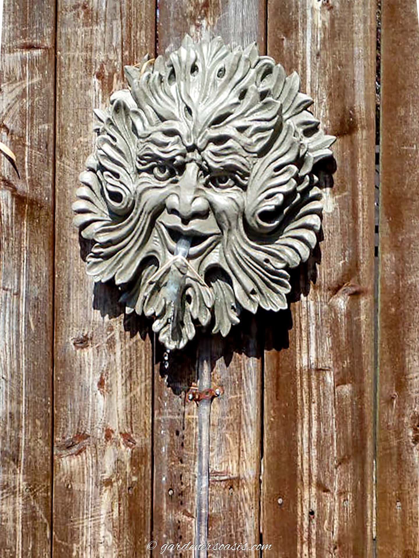 A DIY gargoyle head water fountain on a fence