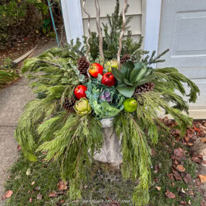 DIY winter porch pot with cedar boughs, fir branches, magnolia leaves, holly branches, artificial fruit, ornamental cabbage, and gold manzanita branches