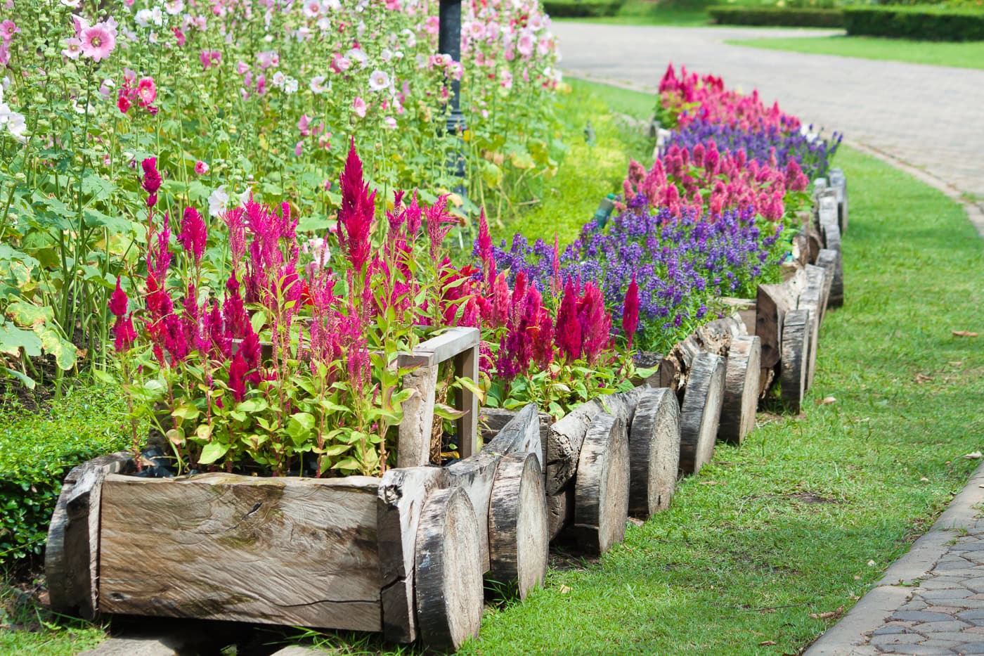 A decorative wooden train planter filled with brightly colored annuals in a front yard