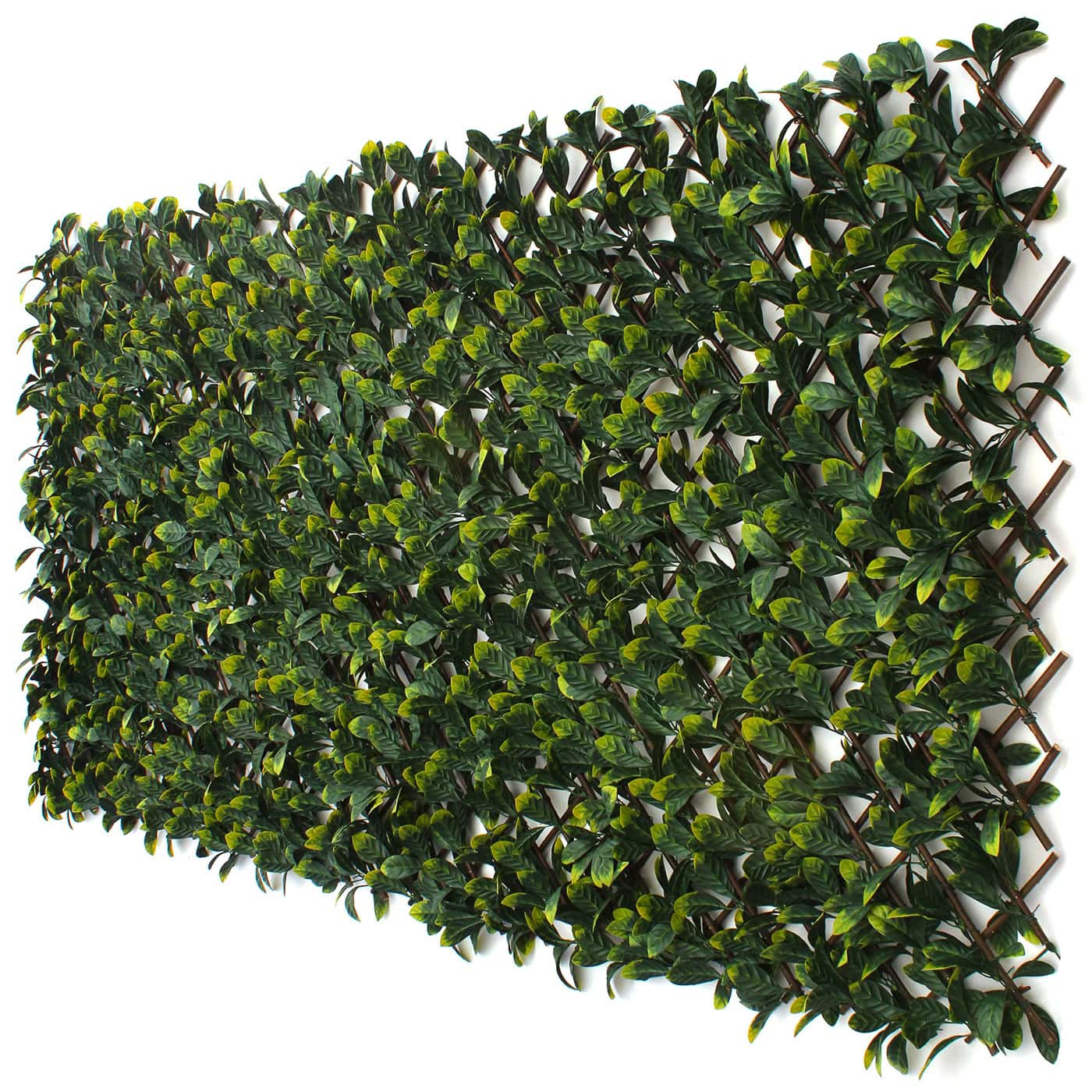Expandable artificial green leaf trellis panel with dense, overlapping leaves on a crisscross wooden grid, displayed against a white background.