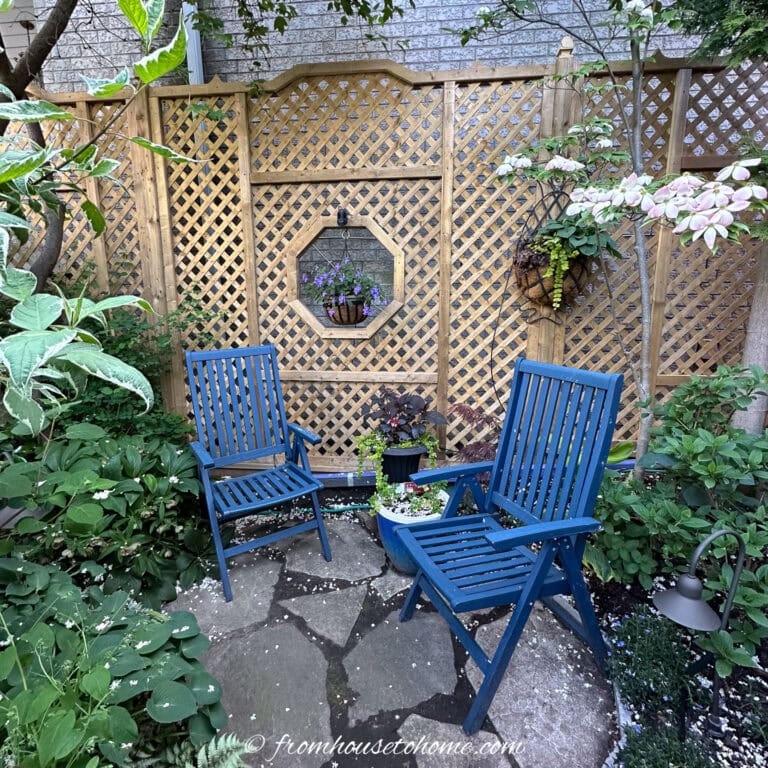 Two blue chairs in front of a trellis fence used to hide a brick wall eyesore