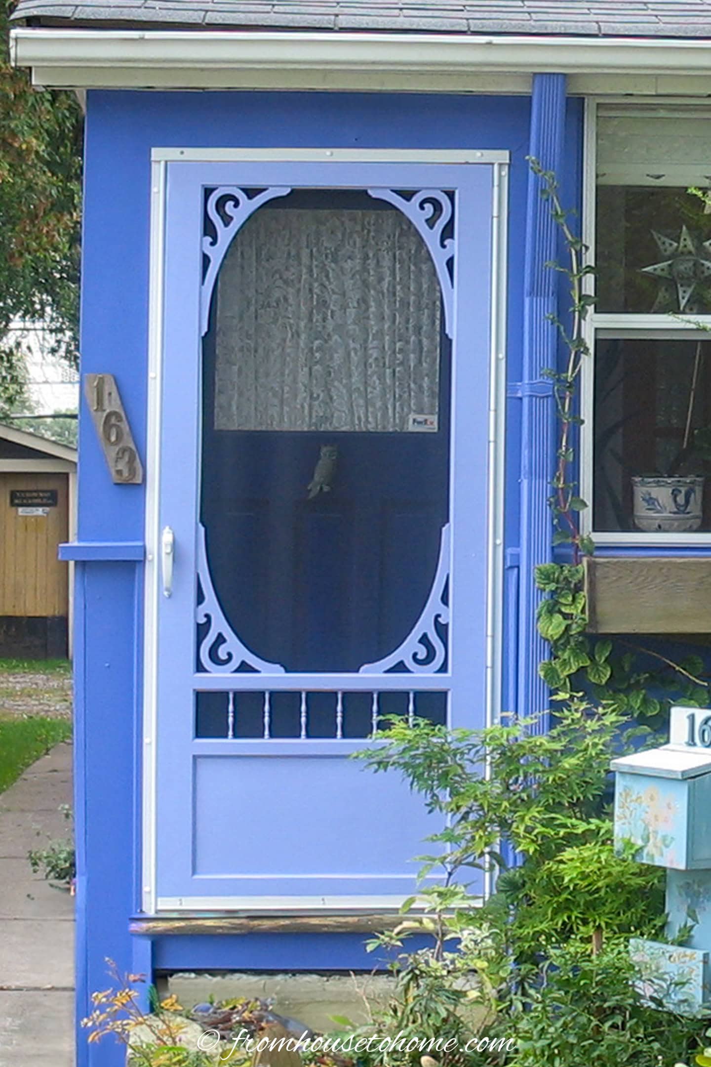 A blue screened front door with decorative trim, house number 163, and lace curtains behind the screen. A small mailbox is attached to the wall beside the door.