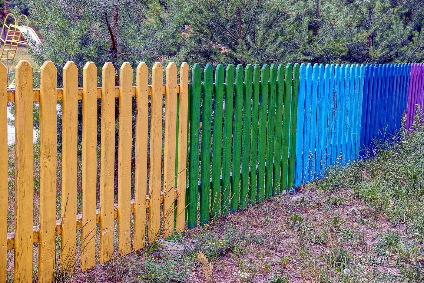A wooden picket fence painted in a gradient of yellow, green, blue, and purple stands next to tall grass and trees.