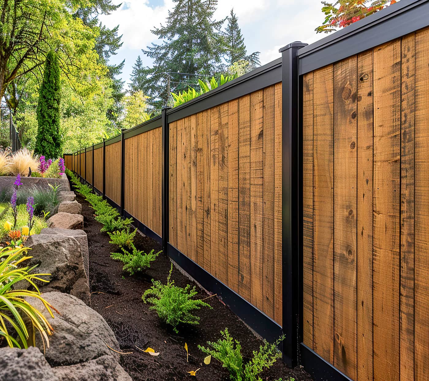 A wooden privacy fence with black metal posts runs alongside a landscaped garden with green shrubs and stone edging under a partly cloudy sky.