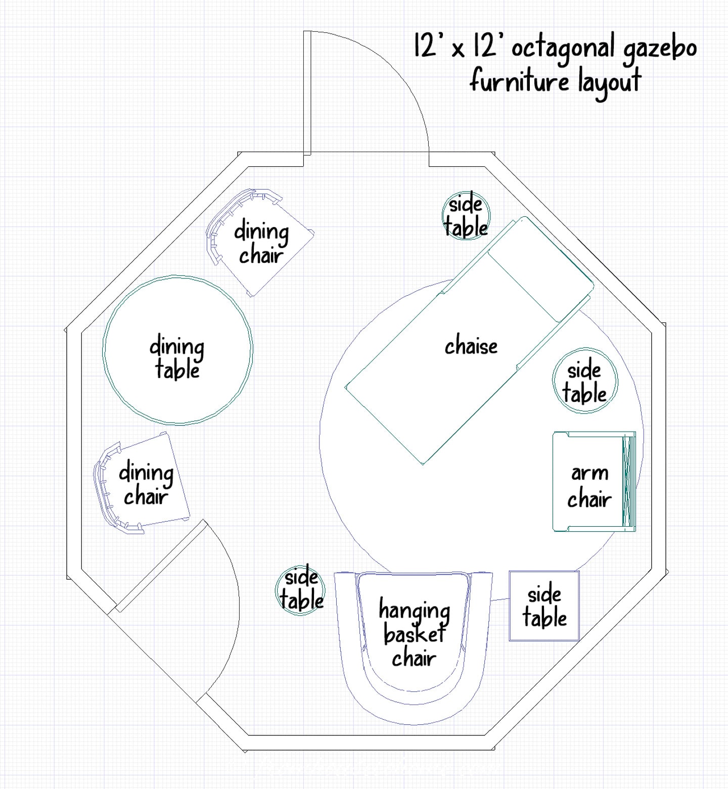 Diagram of a 12′ x 12′ octagonal gazebo with labeled furniture: dining table, dining chairs, chaise, arm chair, side tables, and a hanging basket chair.