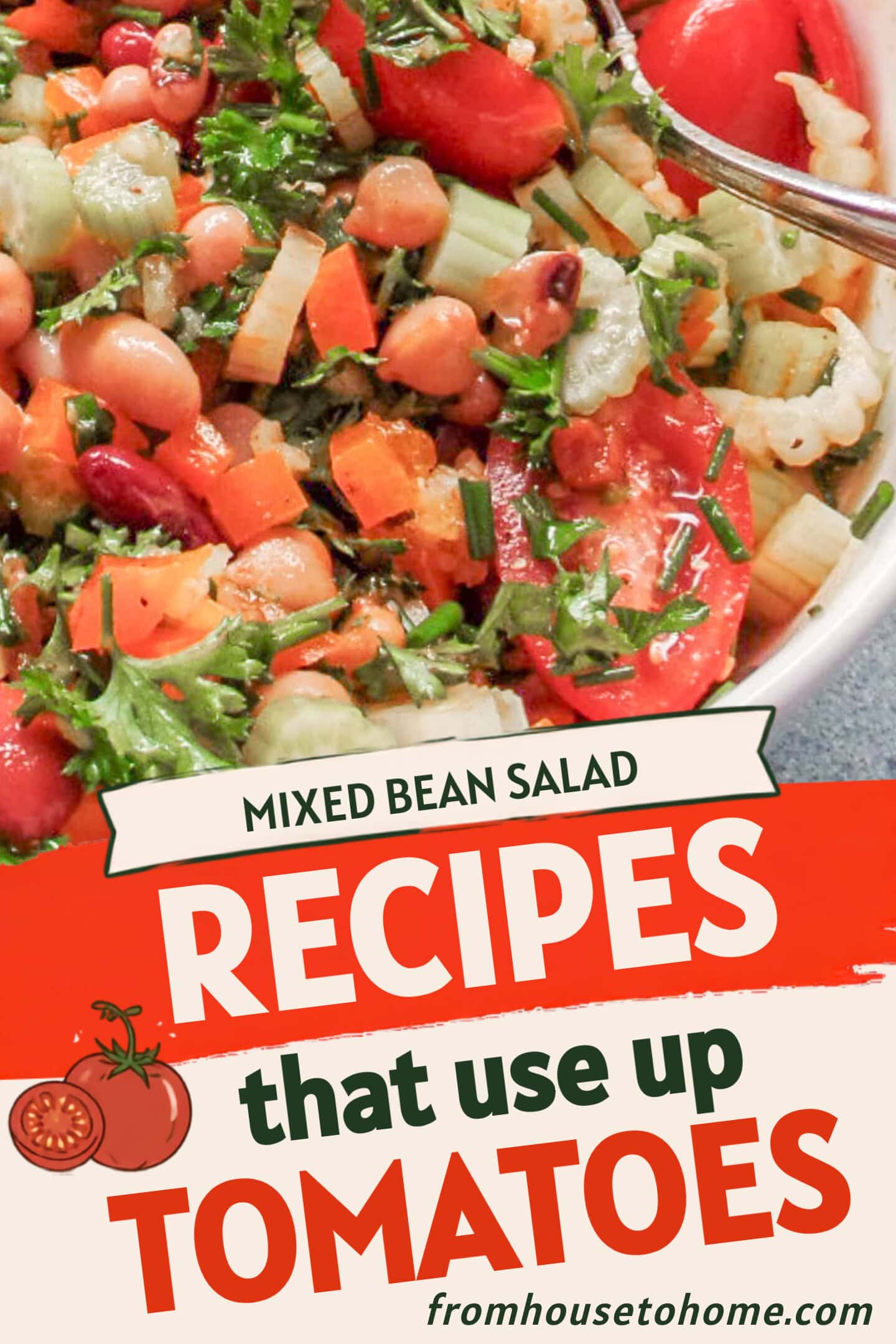 A bowl of mixed bean salad with chopped celery, tomatoes, parsley, carrots, and herbs, with a metal spoon.