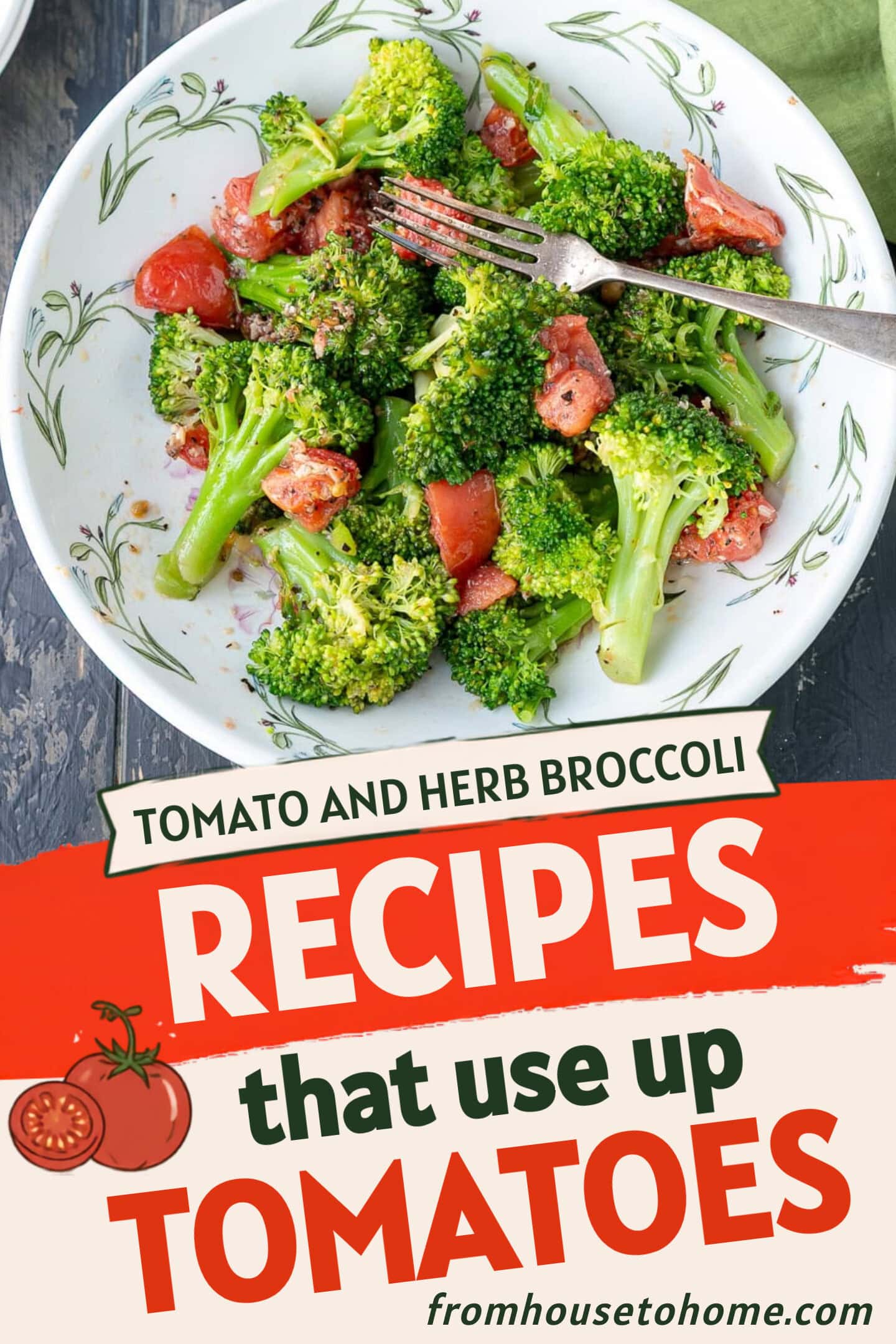 A bowl of broccoli and tomatoes with a fork on top, placed on a wooden table beside two forks and a green napkin.
