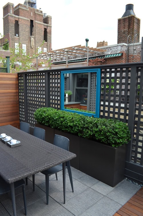 Outdoor patio with a black dining table and chairs, large rectangular planters with neatly trimmed shrubs, and a lattice fence featuring a blue-framed window.