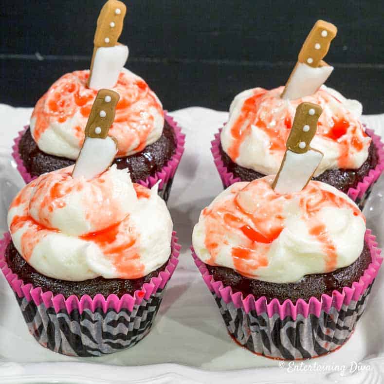 Super Simple Bloody Knife Halloween Cupcakes