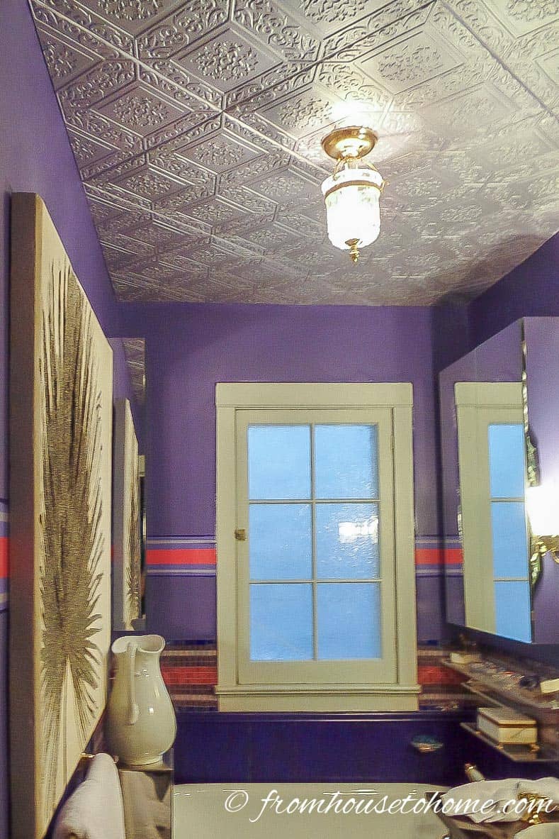 Bathroom with silver faux tin tiles on the ceiling