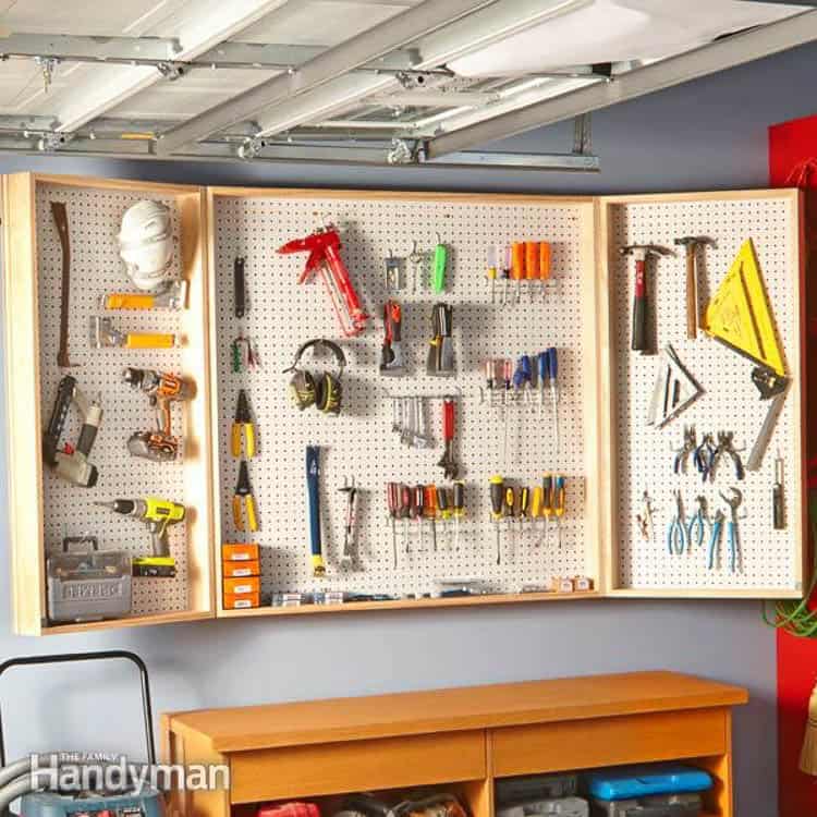 Pegboard fold up cabinet for tool storage
