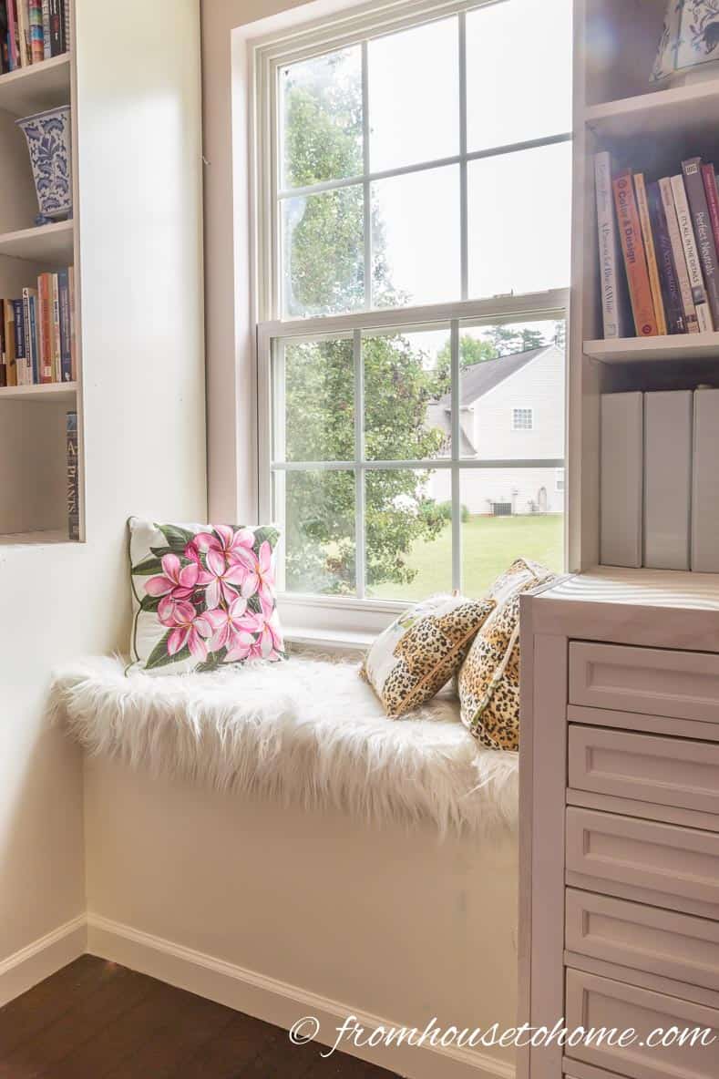 Bonus room window bench | DIY Bonus Room Bookshelves And Window Bench