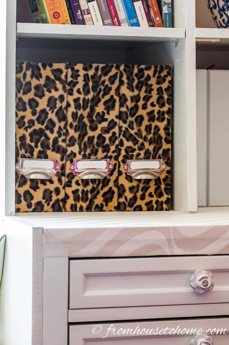 Leopard print magazine file boxes on a shelf