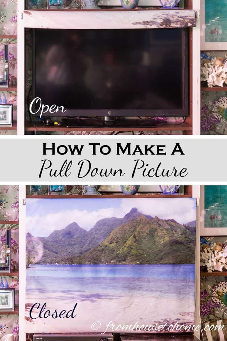 How To Make A Pull Down Picture | Have a TV or shelf you want to hide when you're not using it? Make this DIY pull down picture that covers it up, and then rolls up when you need it to.