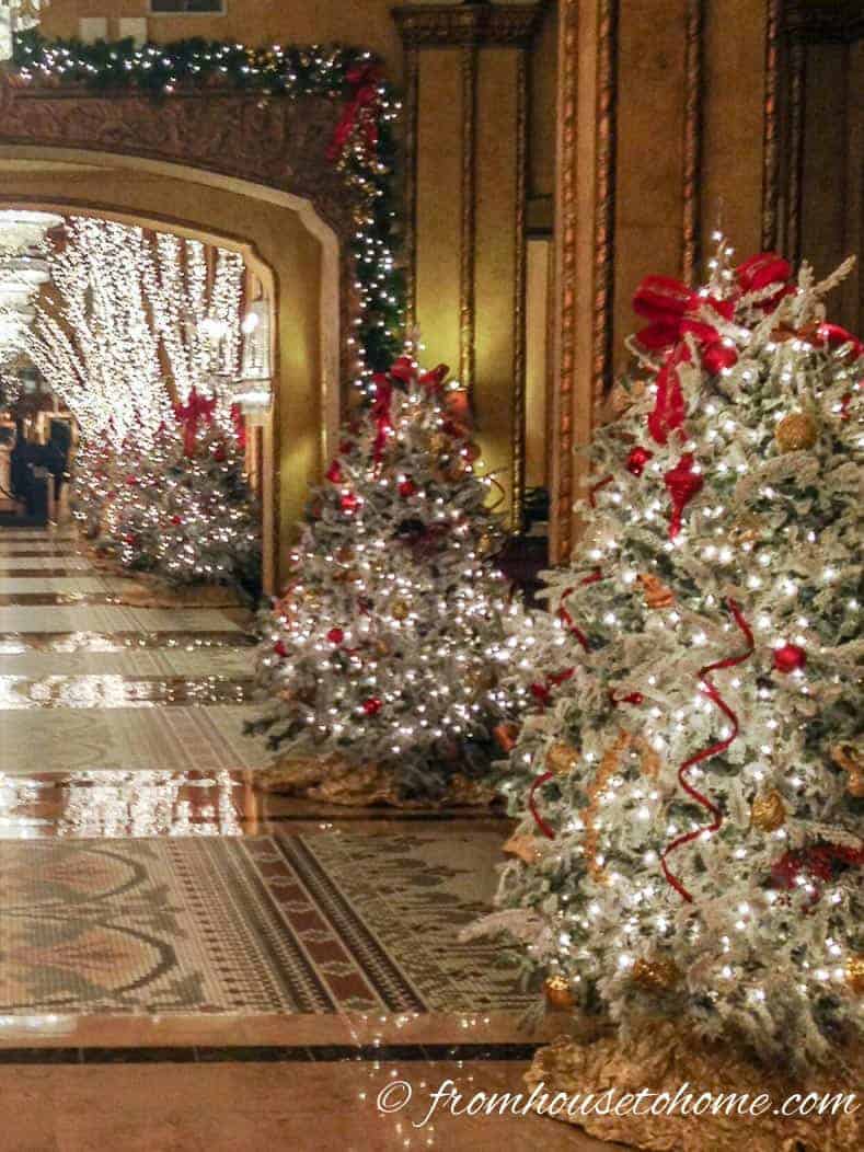 Red White and Gold Christmas Trees at the Roosevelt hotel in New Orleans