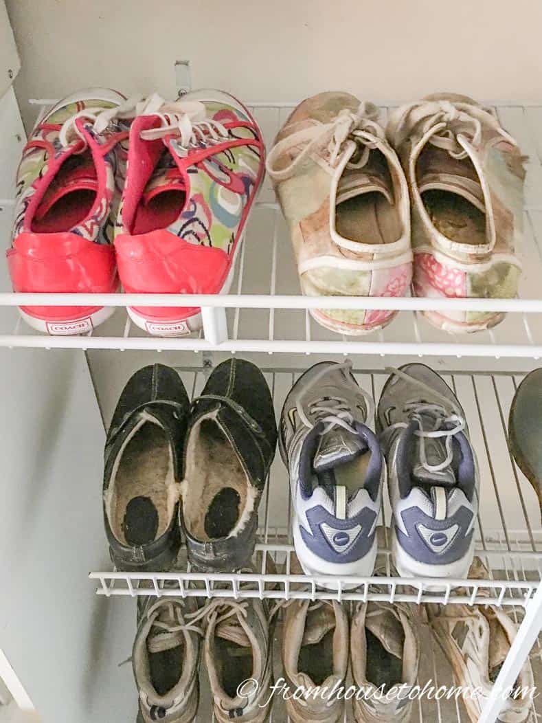 Wire shelving turned upside down makes a great shoe rack | 7 clever wire shelving hacks that will get you organized | If you are looking for some DIY wire shelving hacks that are easy and inexpensive, this list of organization ideas will help you to repurpose those wire shelves.