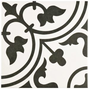 White tile with a black floral pattern
