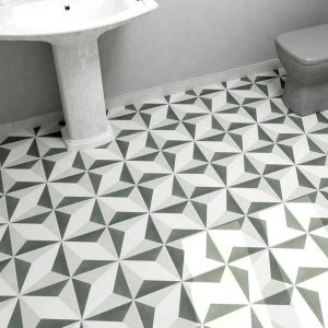Bathroom floor with a black, white and grey floor graphic design tile