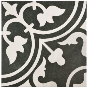 Black tile with a white floral pattern