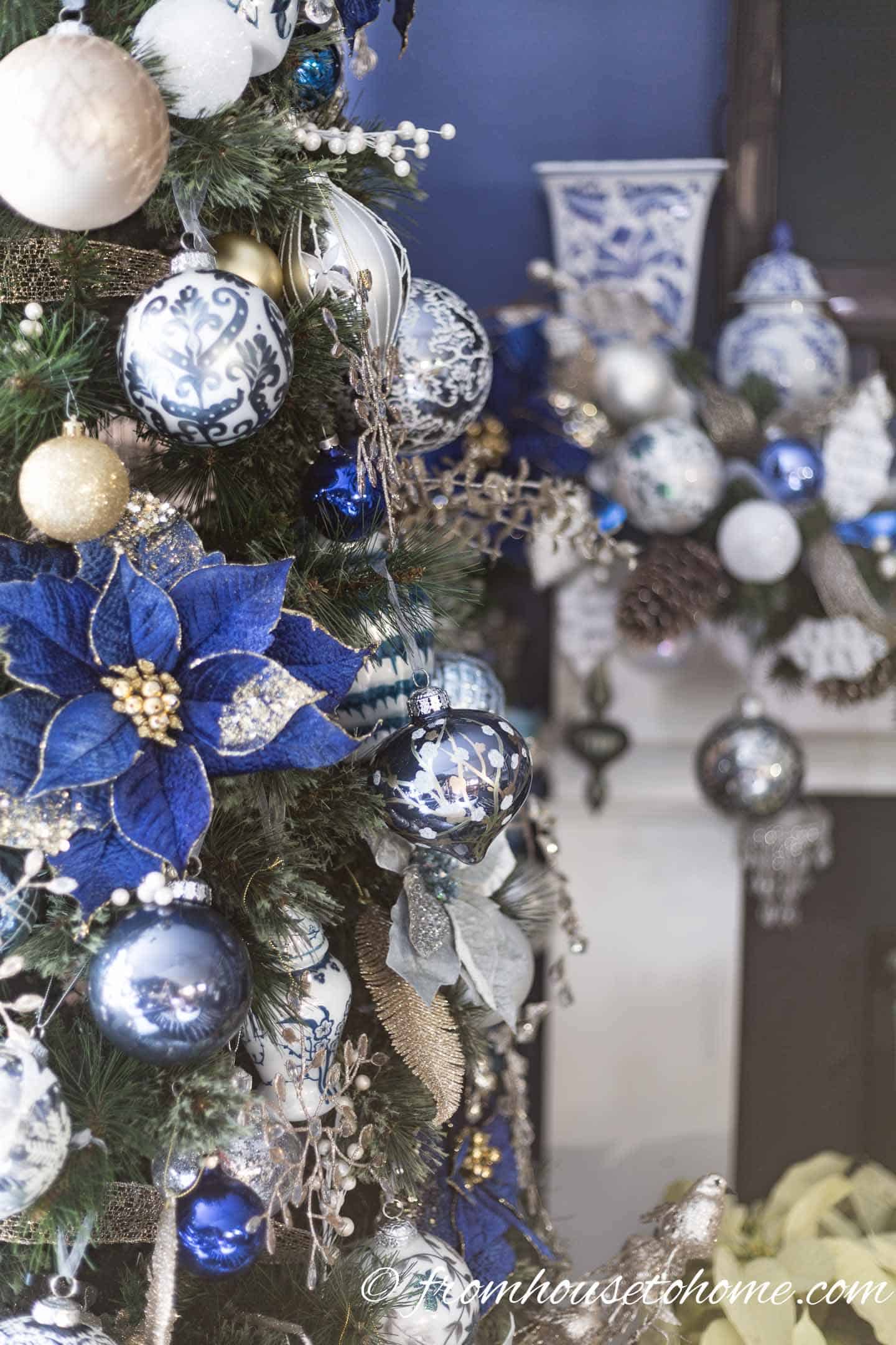 Blue, white and gold Christmas tree ornaments