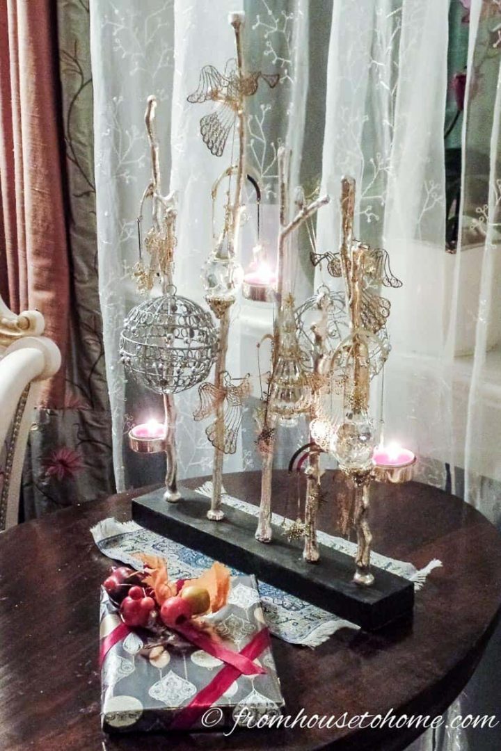 Twig candle holder with ornaments