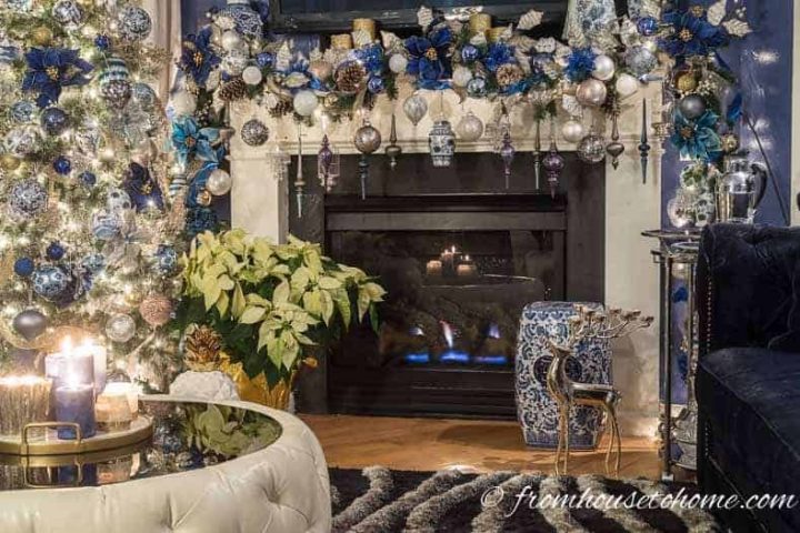 Blue, white and gold Christmas garland and tree